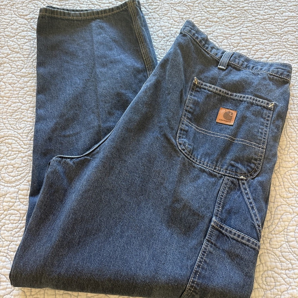 Carhartt Dungaree Fit Carpenter Men 42x32 Blue Workwear Jeans 382-83 Denim Pants